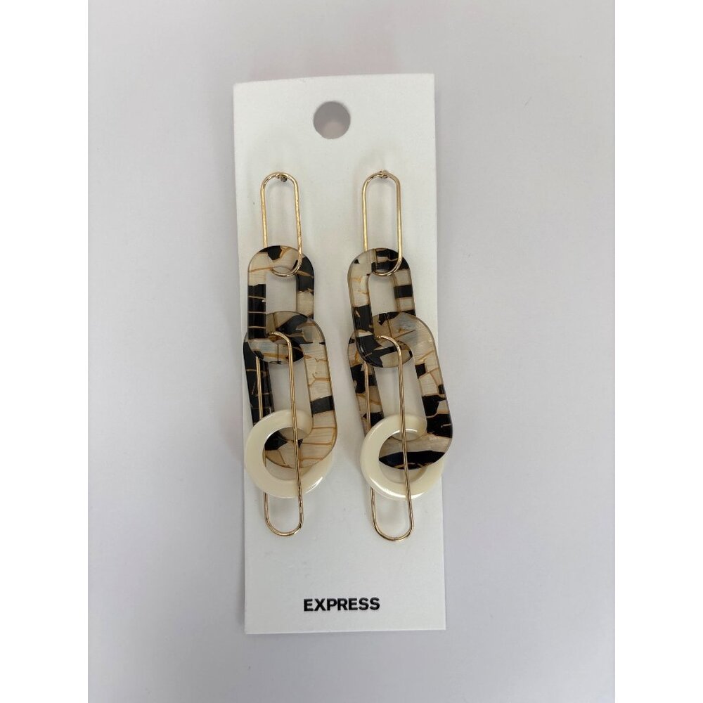 Express Gold Tone Acrylic Tortoise and Cream Paperclip Link Earrings Pierced NEW